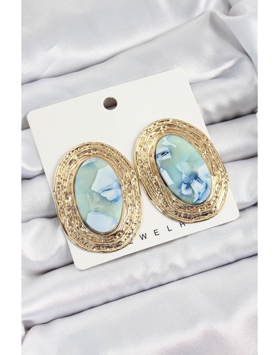 Pirinç Mermer Desenlli Mavi Sedef Oval Vintage Model Gold Renk Kadın Küpe