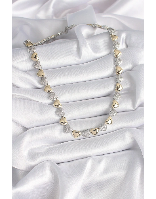 Pirinç Mix Renk Zirkon Taşlı Kalp Model VIP Exclusive Seri Kadın Kolye