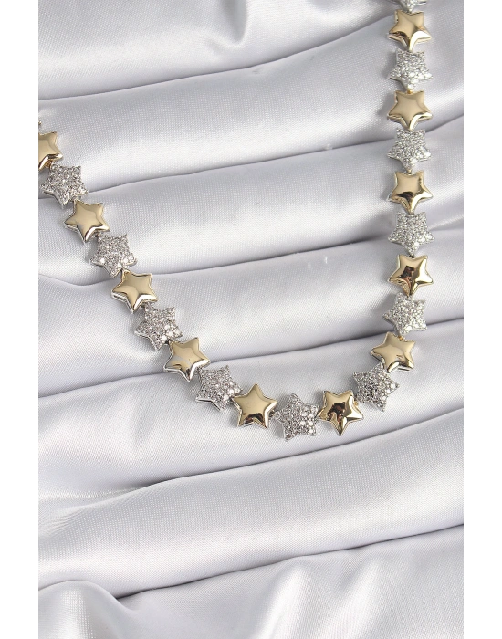 Pirinç Mix Renk Zirkon Taşlı Yıldız Model VIP Exclusive Seri Kadın Kolye