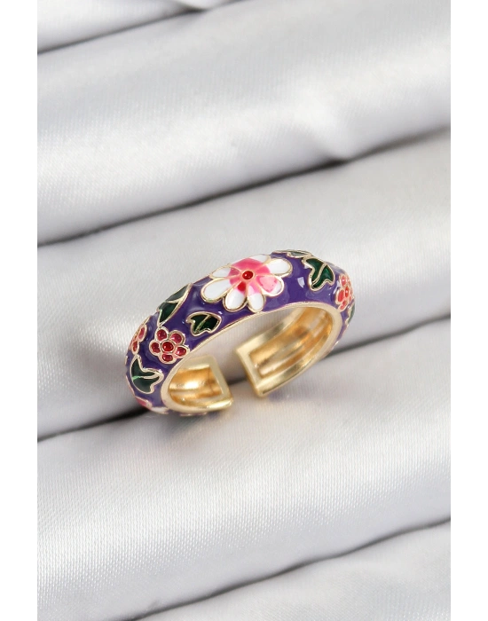 Pirinç Mor Mineli Çiçek Motifli Gold Renk Ayarlanabilir Kadın Yüzük