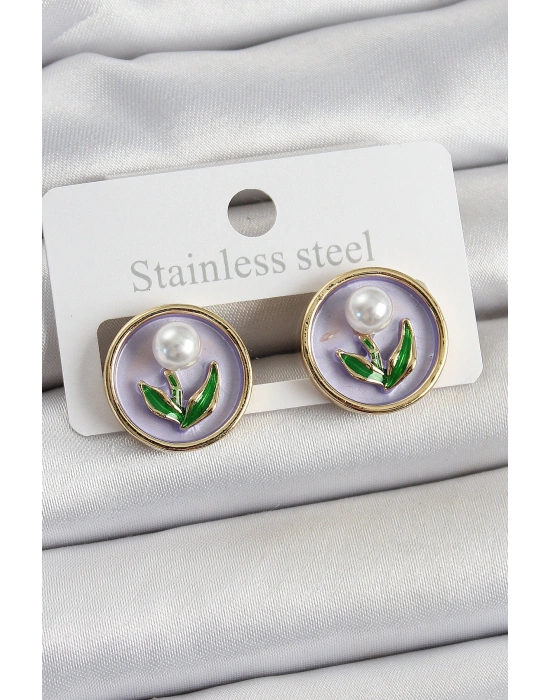 Pirinç Mor Mineli Lale Figürlü Sanatsal Portre Model Gold Renk Kadın Küpe