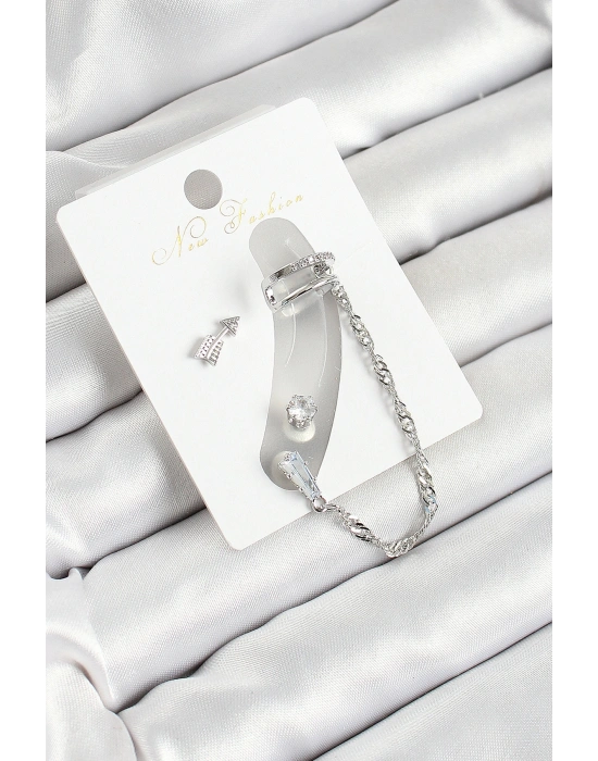 Pirinç Ok Figürlü Zirkon Taşlı Gümüş Renk 3lü Kıkırdak Kadın Küpe Set