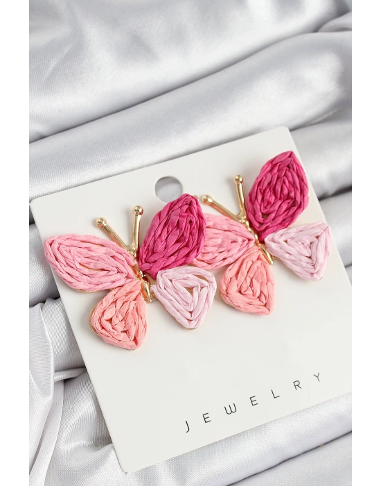 Pirinç Pembe Kelebek Model Gold Renk Kadın Hasır Küpe