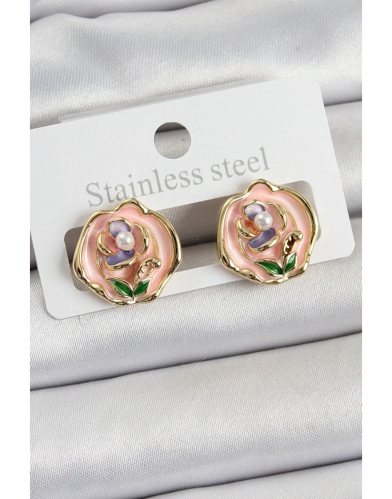 Pirinç Pembe Mineli Çiçek Figürlü Sanatsal Portre Model Gold Renk Kadın Küpe