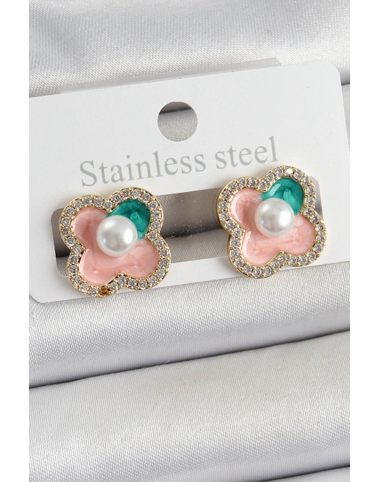 Pirinç Pembe Mineli İnci Detaylı Zirkon Taşlı Sanatsal Portre Yonca Model Gold Renk Kadın Küpe