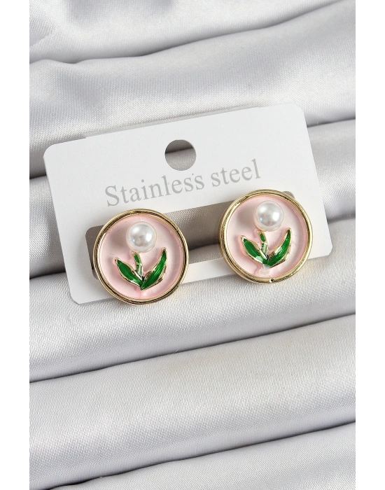 Pirinç Pembe Mineli Lale Figürlü Sanatsal Portre Model Gold Renk Kadın Küpe