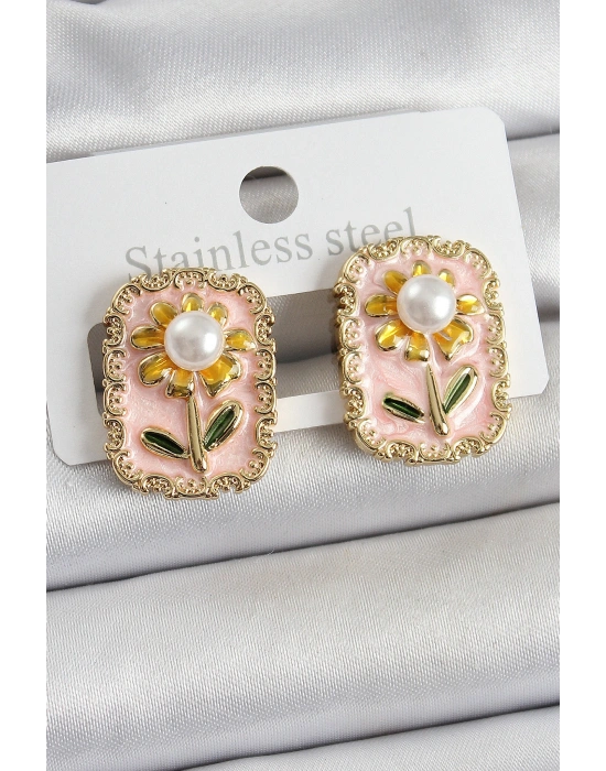 Pirinç Pembe Mineli Papatya Figürlü Sanatsal Portre Model Gold Renk Kadın Küpe