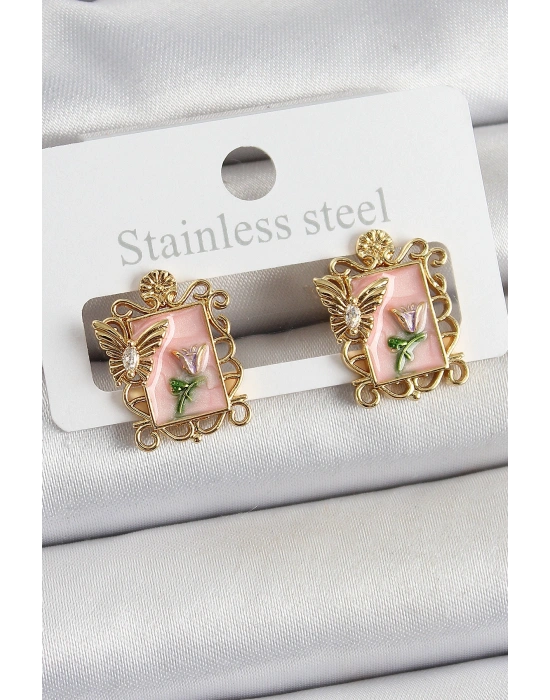 Pirinç Pembe Mineli Sanatsal Portre Model Gold Renk Kadın Küpe