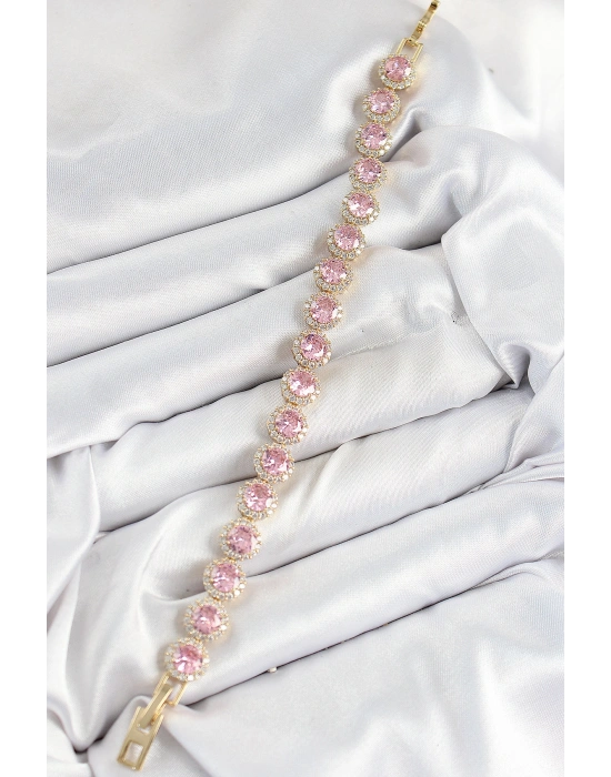 Pirinç Pembe Zirkon Taşlı Daire Baget Model Gold Renk VIP Seri Kadın Bileklik