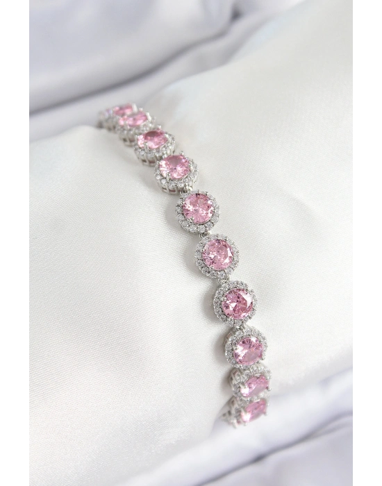 Pirinç Pembe Zirkon Taşlı Daire Baget Model Gümüş Renk VIP Seri Kadın Bileklik