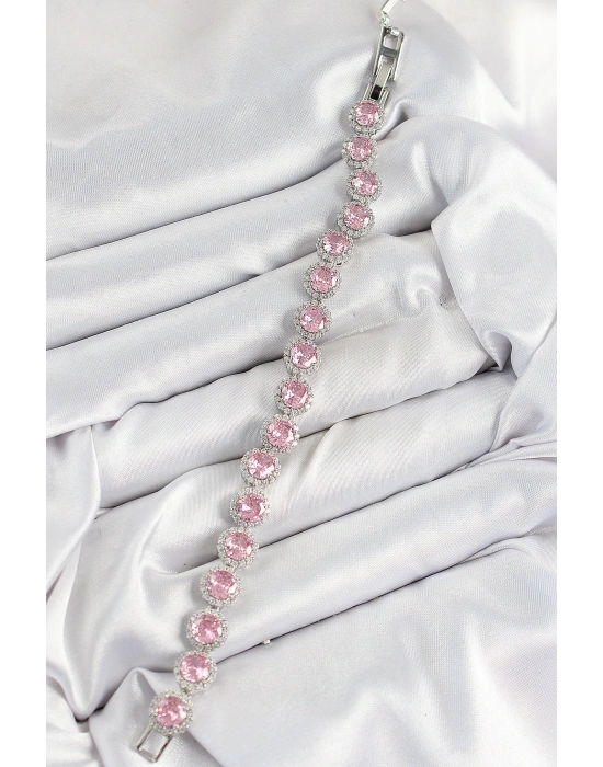 Pirinç Pembe Zirkon Taşlı Daire Baget Model Gümüş Renk VIP Seri Kadın Bileklik