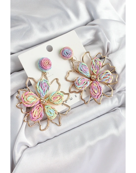 Pirinç Rainbow Çiçek Model Gold Renk Kadın Hasır Küpe