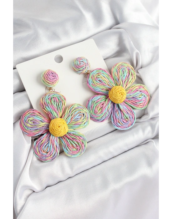 Pirinç Rainbow Papatya Model Gold Renk Kadın Hasır Küpe