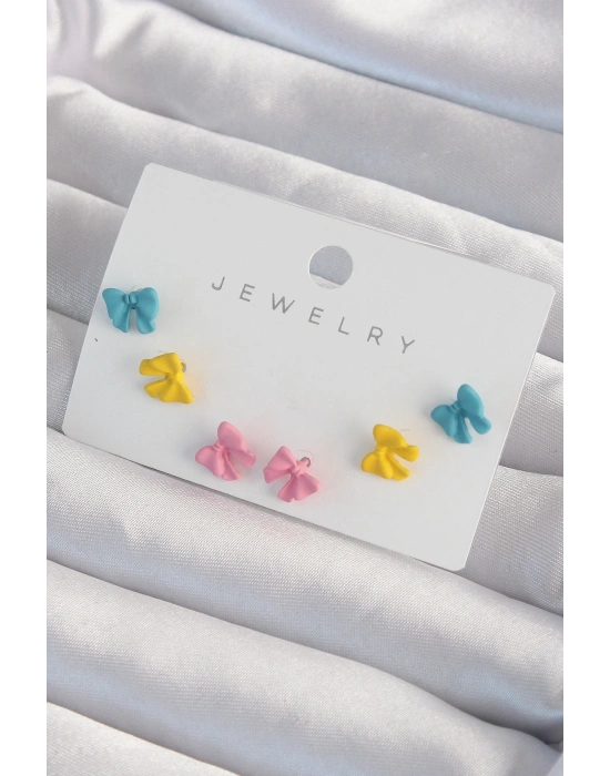 Pirinç Rengarenk Mineli Minimal Fiyonk Küpe Seti