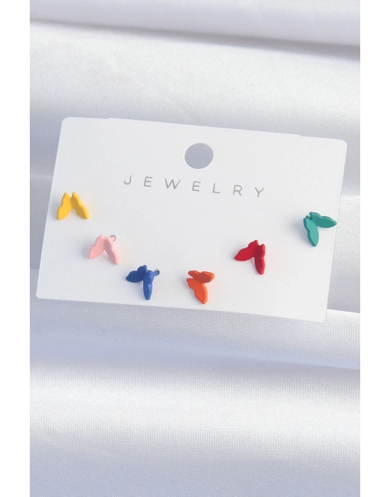 Pirinç Rengarenk Mineli Minimal Kelebek Küpe Seti