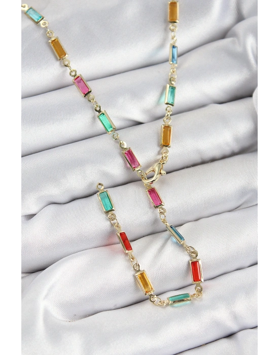 Pirinç Renkli Zirkon Taşlı Dikdörtgen Model Gold Renk Kadın Y Kolye