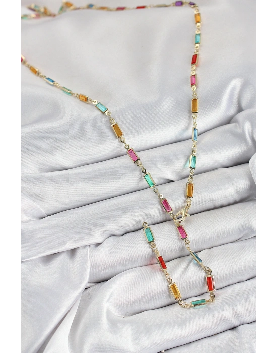 Pirinç Renkli Zirkon Taşlı Dikdörtgen Model Gold Renk Kadın Y Kolye