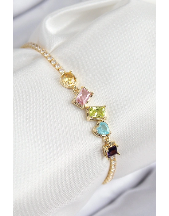 Pirinç Renkli Zirkon Taşlı Geometrik Model Gold Renk Kadın Bileklik