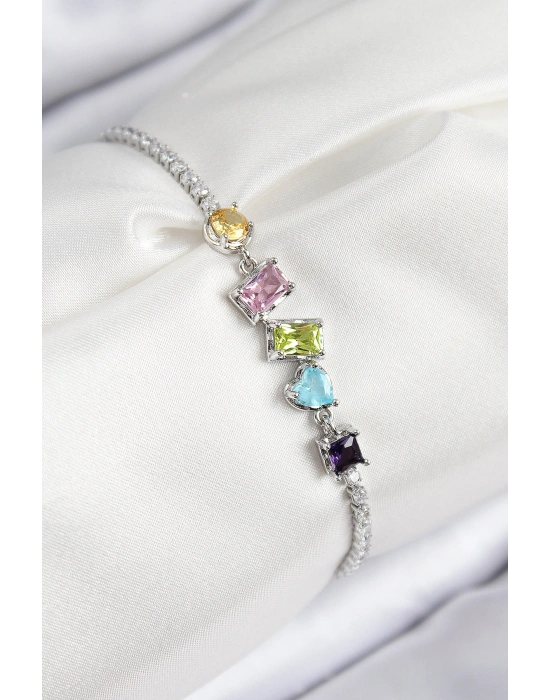 Pirinç Renkli Zirkon Taşlı Geometrik Model Gümüş Renk Kadın Bileklik