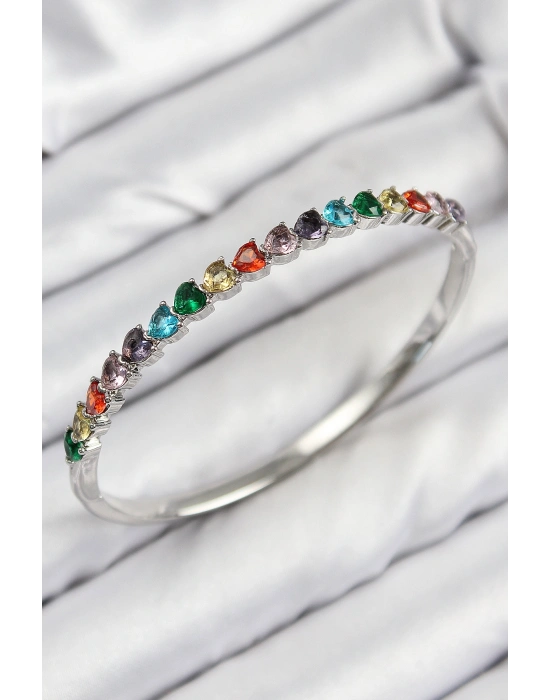 Pirinç Renkli Zirkon Taşlı Kalp Model Gümüş Renk Kadın Kelepçe