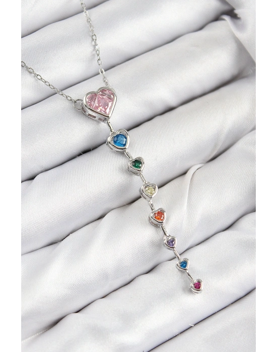 Pirinç Renkli Zirkon Taşlı Kalp Model Gümüş Renk Kadın Y Kolye