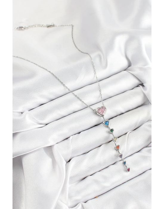 Pirinç Renkli Zirkon Taşlı Kalp Model Gümüş Renk Kadın Y Kolye