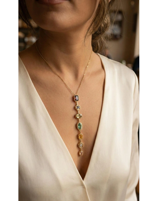 Pirinç Renkli Zirkon Taşlı Model Gold Renk 7 Element Kadın Y Kolye