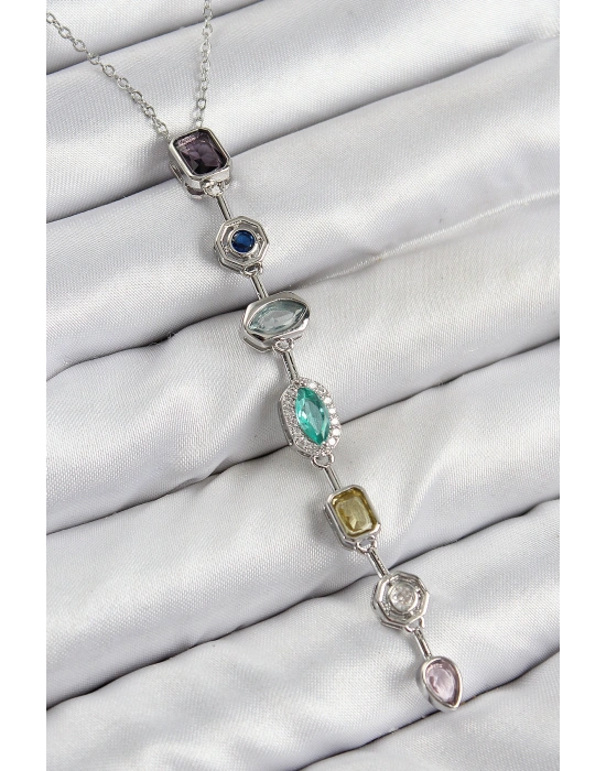 Pirinç Renkli Zirkon Taşlı Model Gümüş Renk 7 Element Kadın Y Kolye