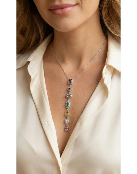 Pirinç Renkli Zirkon Taşlı Model Gümüş Renk 7 Element Kadın Y Kolye