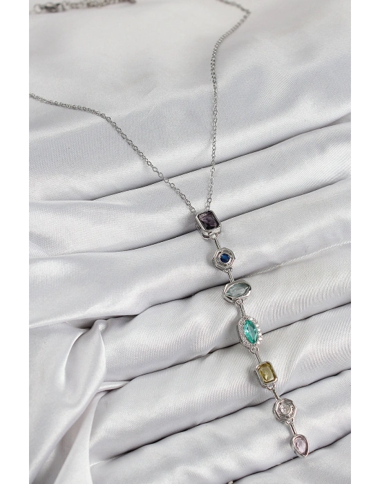 Pirinç Renkli Zirkon Taşlı Model Gümüş Renk 7 Element Kadın Y Kolye