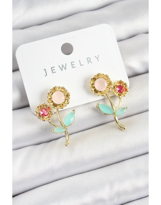 Pirinç Renkli Zirkon Taşlı Papatya Model Gold Renk Kadın Küpe