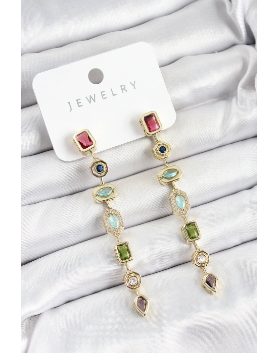 Pirinç Renkli Zirkon Taşlı Sallantılı Model Gold Renk Kadın Küpe