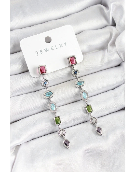 Pirinç Renkli Zirkon Taşlı Sallantılı Model Gümüş Renk Kadın Küpe