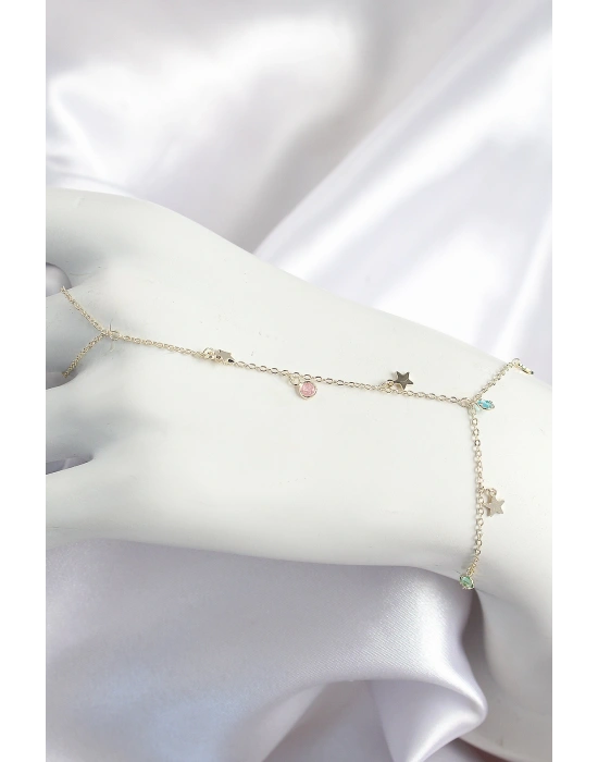 Pirinç Renkli Zirkon Taşlı Sallantılı Yıldızlı Model Gold Renk Kadın Şahmeran