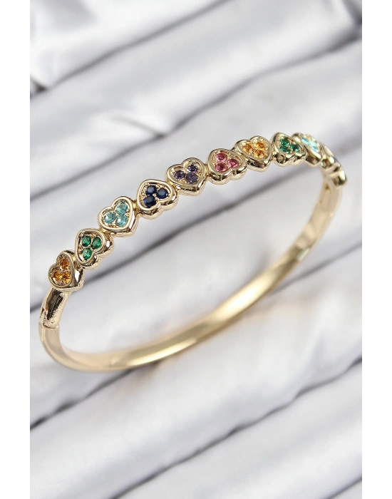 Pirinç Renkli Zirkon Taşlı Sıralı Kalp Model Gold Renk Kadın Kelepçe