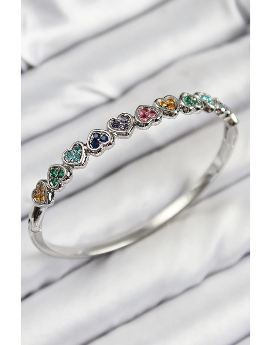 Pirinç Renkli Zirkon Taşlı Sıralı Kalp Model Gümüş Renk Kadın Kelepçe