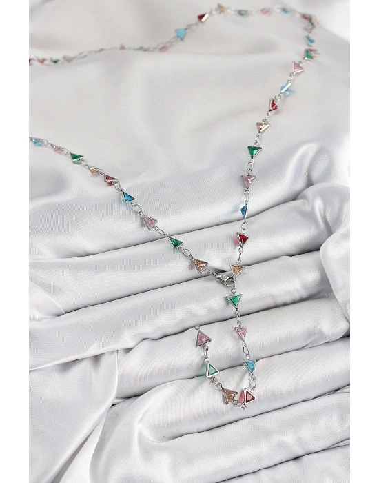Pirinç Renkli Zirkon Taşlı Üçgen Model Gümüş Renk Kadın Y Kolye