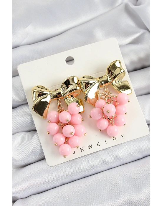 Pirinç Sallantılı Pembe Boncuklu Fiyonk Vintage Model Gold Renk Kadın Küpe