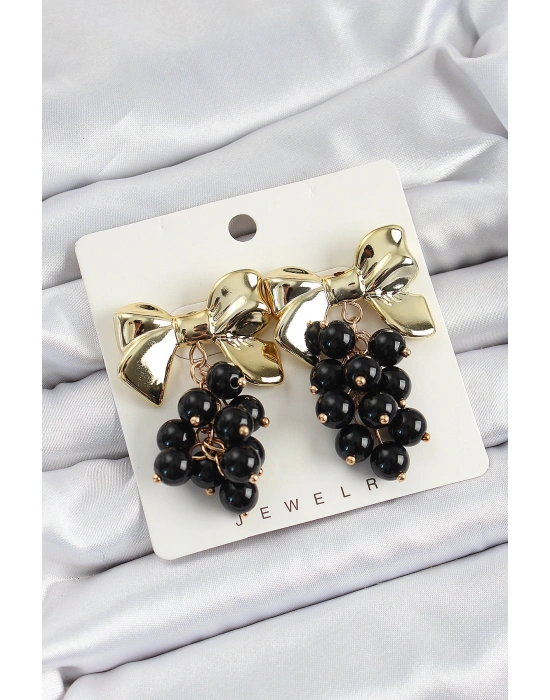 Pirinç Sallantılı Siyah Boncuklu Fiyonk Vintage Model Gold Renk Kadın Küpe