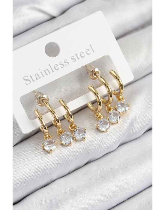 Pirinç Sallantılı Zirkon Taşlı Model Gold Renk Kadın Küpe