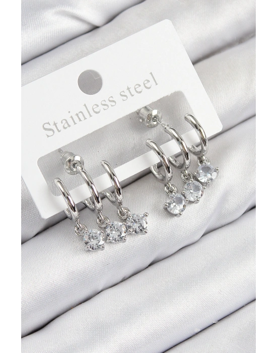 Pirinç Sallantılı Zirkon Taşlı Model Gümüş Renk Kadın Küpe