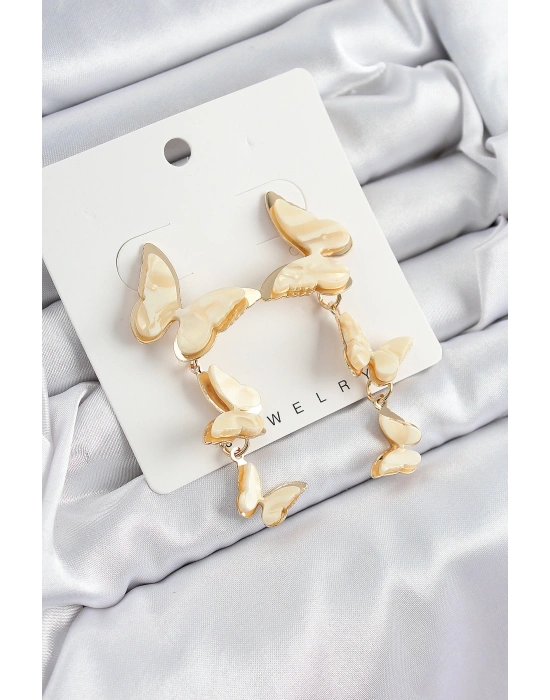 Pirinç Sedef Sallantılı Mermer Desenli Kelebek Model Gold Renk Vintage Kadın Küpe