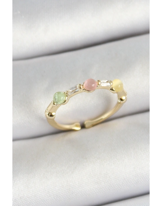 Pirinç Sıralı Boncuk Figürlü Zirkon Taşlı Gold Renk Ayarlanabilir Kadın Yüzük