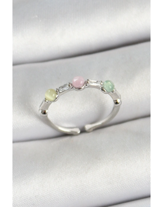 Pirinç Sıralı Boncuk Figürlü Zirkon Taşlı Gümüş Renk Ayarlanabilir Kadın Yüzük