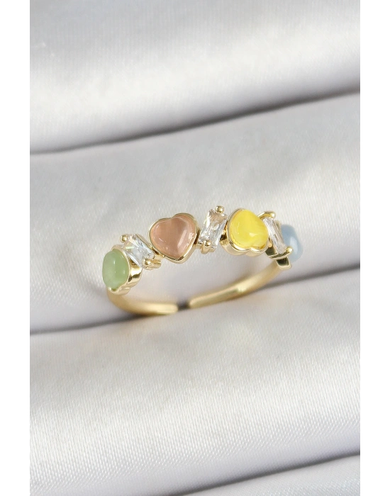 Pirinç Sıralı Kalp Figürlü Zirkon Taşlı Gold Renk Ayarlanabilir Kadın Yüzük