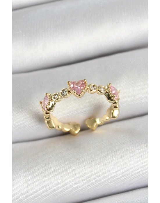 Pirinç Sıralı Kalp Figürlü Zirkon Taşlı Gold Renk Ayarlanabilir Kadın Yüzük