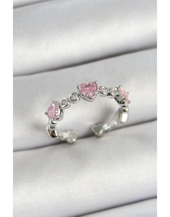 Pirinç Sıralı Kalp Figürlü Zirkon Taşlı Gümüş Renk Ayarlanabilir Kadın Yüzük