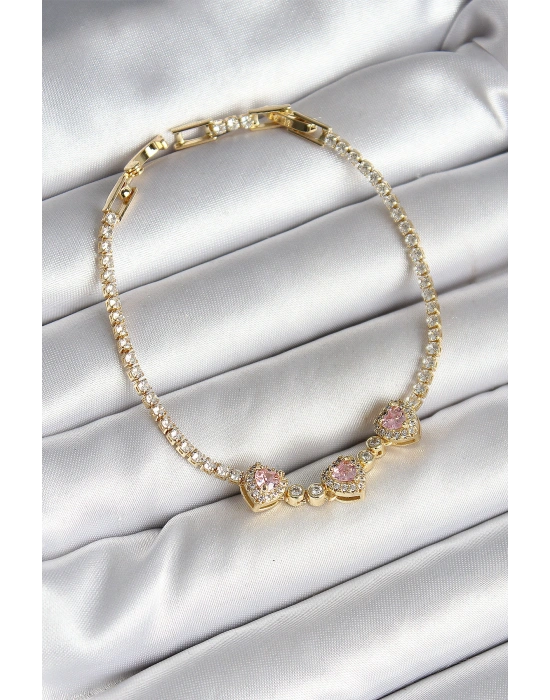 Pirinç Sıralı Pembe Kalp Figürlü Zirkon Taşlı Gold Renk Kadın Bileklik