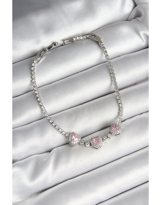 Pirinç Sıralı Pembe Kalp Figürlü Zirkon Taşlı Gümüş Renk Kadın Bileklik