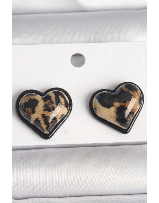 Pirinç Siyah Renk Leopar Desen 3D Kalp Model Kadın Küpe